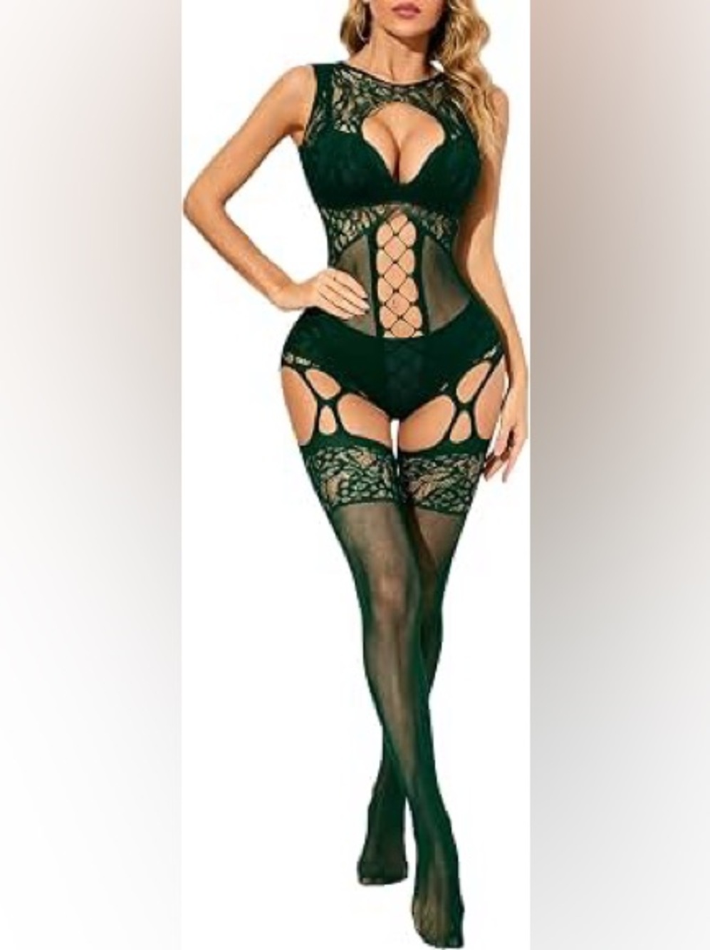 Dark Green Fishnet Bodystocking Lingerie Set One Size